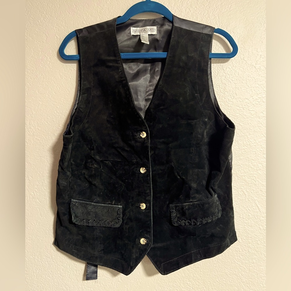 Amanda Smith Silky Suede Vest Womens Size M Button V-Neck Leather Front Back Tie